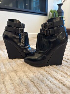 Proenza Schouler Wedge Ankle Boot with Double Buckle Strap - Black